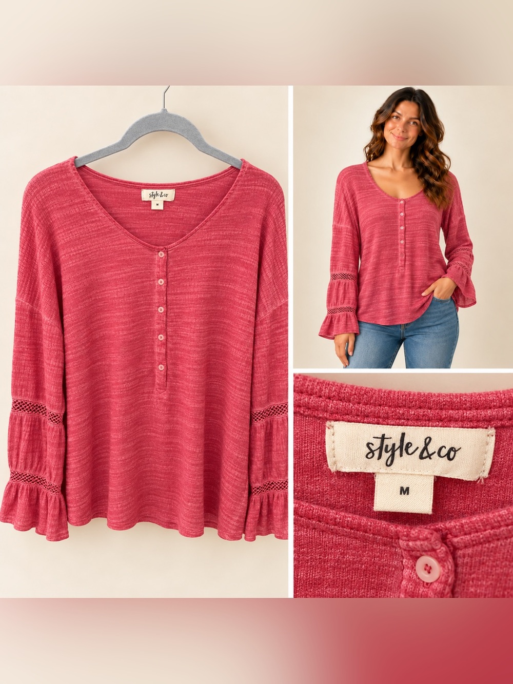 Style & Co. Raspberry V-Neck Henley with Bell Sleeves